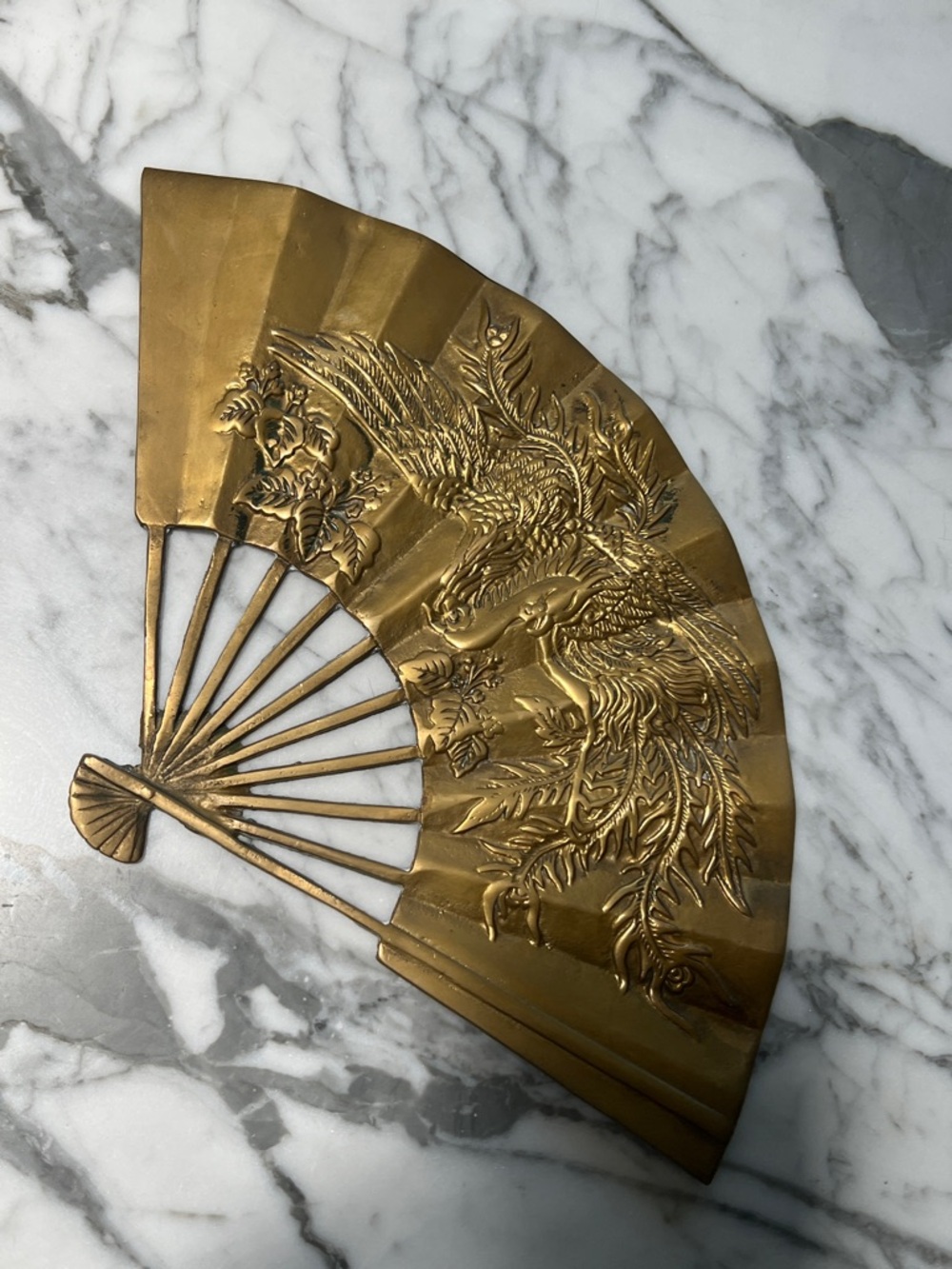 Vintage Brass Folding Fan mcm Wall Decor dragon